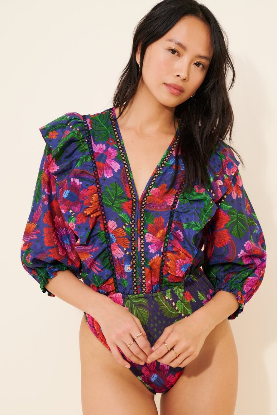 Farm RIO floral puff sleeve bodysuit medium NEW
